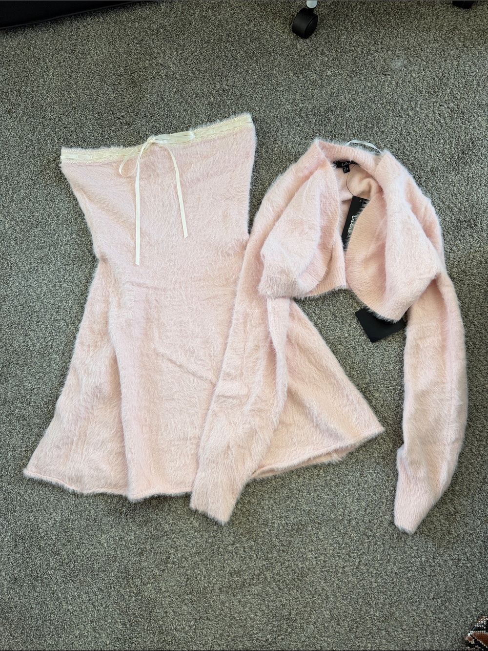 Faux fur Strapless Pink Dress with Matching Crop sweater